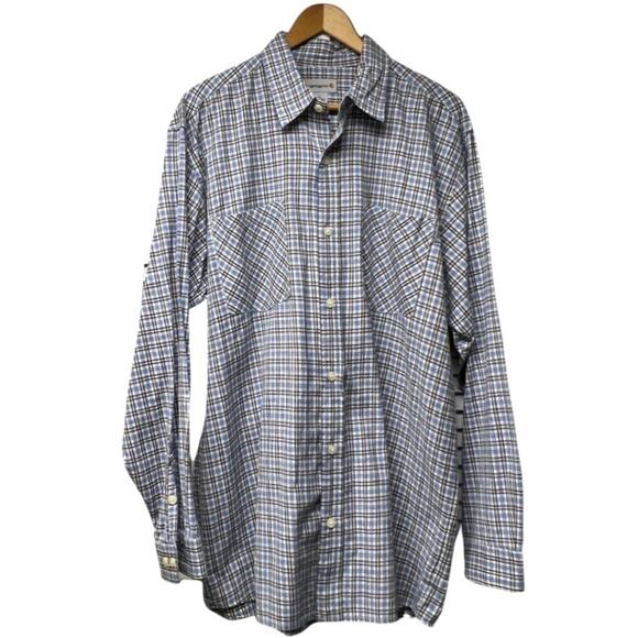 Carhartt Button Front Blue Brown Plaid 100% Cotton Long Sleeve Shirt Size Large - Picture 1 of 5